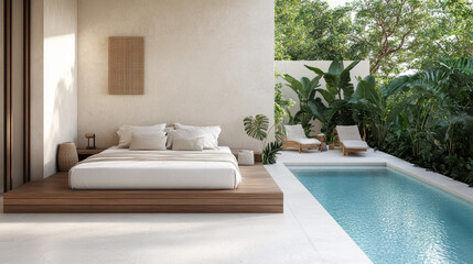 Wall Mural - Cozy poolside area with wooden deck, bed, and lush greenery