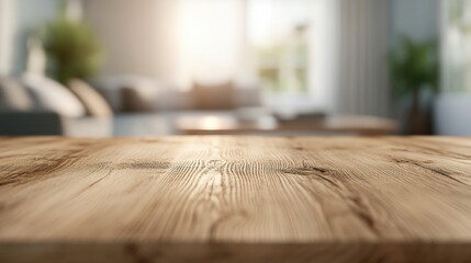 Wall Mural - Wooden table with a blurred background showcasing a minimalist interior design setting