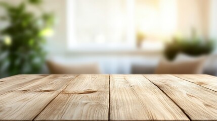 Poster - A warm, inviting wooden tabletop in a softly lit room with greenery and cozy seating in the background.
