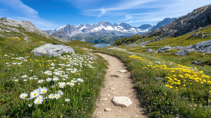 Sticker - scenic mountain trail surrounded by vibrant wildflowers and stunning peaks