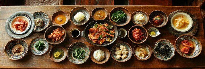 Poster - Enjoy a vibrant spread of traditional Korean dishes like kimchi, bibimbap, and steamed dumplings in a cozy setting. Generative AI