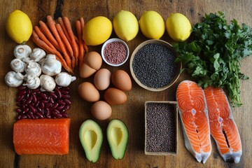 Wall Mural - Healthy food ingredients salmon, eggs, lentils, avocados, carrots, mushrooms, lemons, beans, and parsley.