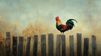 Poster - Colorful rooster perched proudly on a rustic wooden fence in a rural landscape during the golden hour. Generative AI