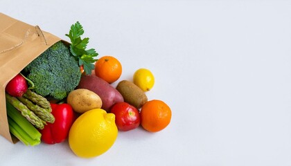 Poster - Fresh produce spills from a paper bag onto a white background.  Vibrant colors and healthy ingredients.