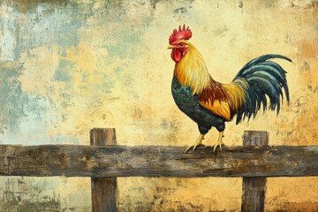Poster - Rooster perched confidently on a rustic wooden fence against a vintage backdrop at sunrise. Generative AI