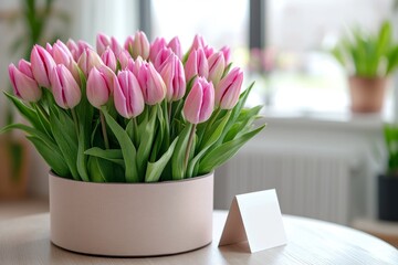 Wall Mural - Pink tulips in a round vase on a wooden table by a window