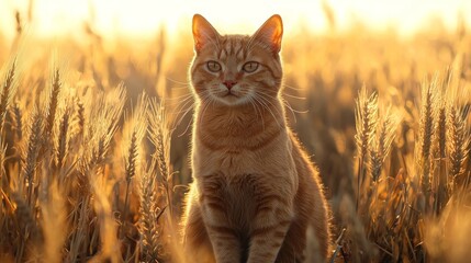 Wall Mural - Ginger cat sitting in sunlit wheat field during golden hour