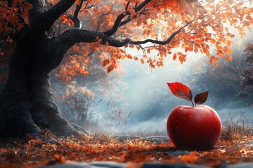 Canvas Print - autumnal scene with a large tree and a single red apple. perfect for fairytale, fantasy, or autumn t