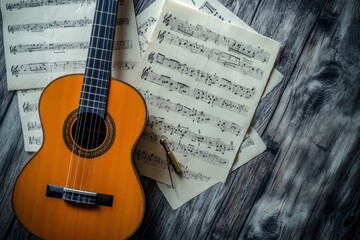 Fototapete - Creating music with an acoustic guitar surrounded by scattered sheet music and a tuning fork on a wooden table. Generative AI