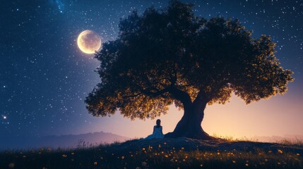 Wall Mural - woman under tree with half moon night sky