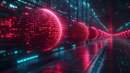 Poster - Abstract Futuristic Data Sphere Network. Glowing Pink and Blue Neon Spheres in a Digital Corridor. 3D Rendering
