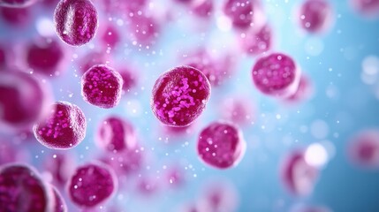 Poster - A vibrant, abstract representation of biological cells, showcasing pink and purple hues against a soft blue background.