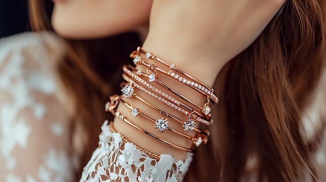 A woman wearing a lot of bracelets with a white shirt