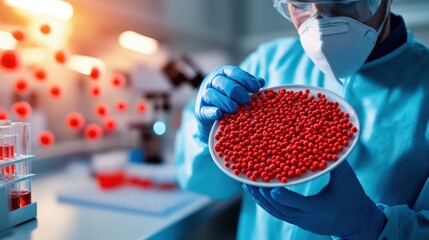 Poster - A scientist in protective gear examines a petri dish filled with red beads in a laboratory, highlighting research and experimentation.