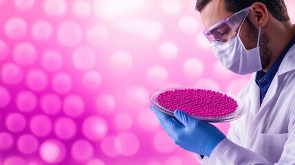 Poster - Man in lab coat and gloves holding pink pill in laboratory setting with equipment and supplies visible