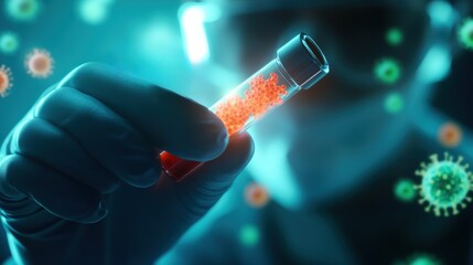 Poster - A scientist holds a test tube with a glowing red substance, surrounded by digital representations of viruses, highlighting laboratory research and microbiology.
