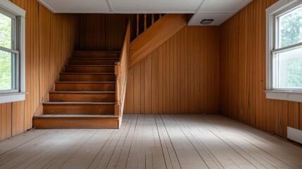 Wall Mural - Empty wooden interior with staircase and natural light streaming through windows, ideal for home renovation concepts