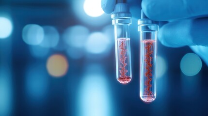Poster - A close-up of two test tubes filled with red liquid, held by a gloved hand, set against a blue-lit background.
