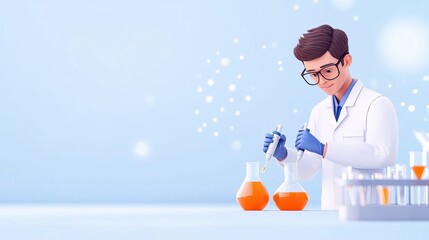 Poster - A young scientist in a lab coat conducts experiments with colorful liquids in beakers, surrounded by a bright, clean laboratory environment.