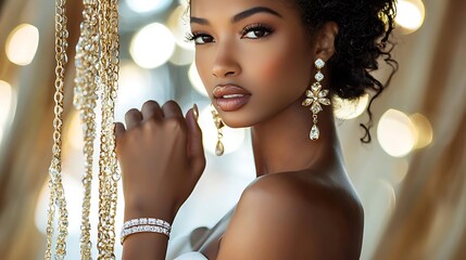 Wall Mural - A woman with long hair and gold earrings is posing for a photo