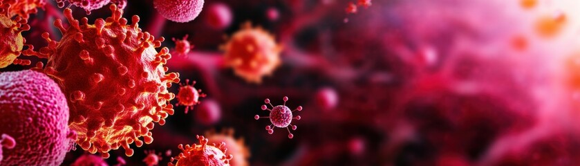 Poster - A vivid depiction of microscopic particles, showcasing intricate details of viruses and cells in vibrant colors.