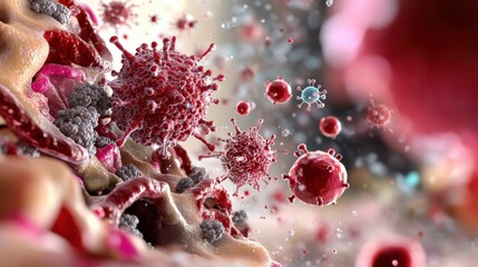 Poster - A microscopic view of cells and viruses, showcasing vibrant colors and intricate details of biological interactions.