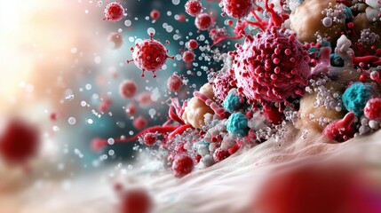 Poster - A vibrant, microscopic view of cells and particles, showcasing a dynamic interaction in a biological context.