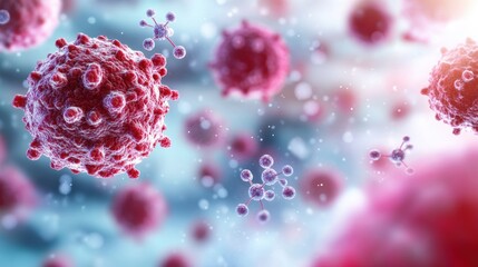 Poster - group of red and white viruses depicted in a microscopic view on a dark background