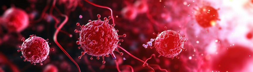 Poster - A close-up representation of red blood cells and pathogens, highlighting the intricate details of cellular structures in a vibrant, dynamic environment.