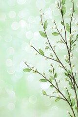 Poster - Delicate Blooming Branch with White Buds on Soft Green Background with Bokeh Effect for Nature Themes