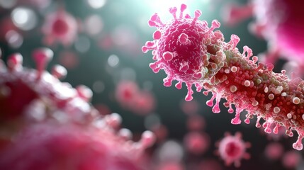 Poster - A close-up view of virus particles, showcasing their intricate structures in pink tones, representing a microscopic world of pathogens.