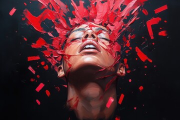 Wall Mural - Abstract expression of a young male with exploding red paint fragments