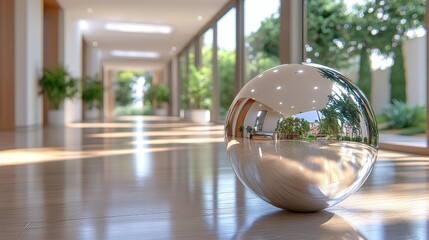 Poster - Reflective Sphere in a Sunlit Modern Hallway