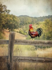 Poster - Rooster confidently perches on rustic wooden fence against a backdrop of rolling hills and greenery in the countryside. Generative AI