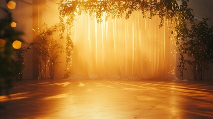Poster - Sunlit wedding ceremony backdrop with sheer curtains and greenery.