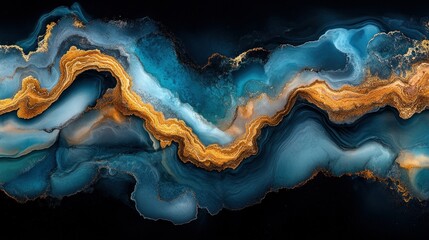 Poster - abstract fluid art with blue and gold swirls - perfect for modern decor