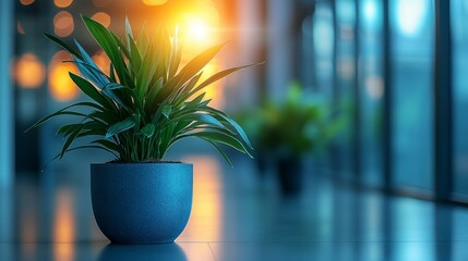 Wall Mural - Plant pot in corridor, sunlit.