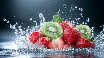 Canvas Print - Fresh kiwi and strawberries splashing in water