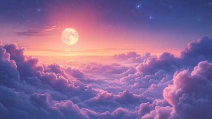 Wall Mural - Dreamy sunset sky with full moon and puffy clouds at twilight