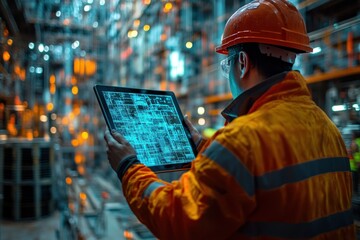 Poster - Engineer Analyzing Digital Blueprint in Industrial Warehouse Environment