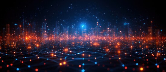 Poster - Futuristic Digital Cityscape with Glowing Network Connections