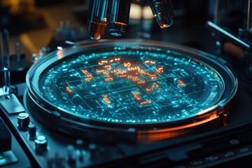 Aufkleber - Microscope over glowing circuit board, futuristic tech. Ideal for tech, science, innovation, and research projects.