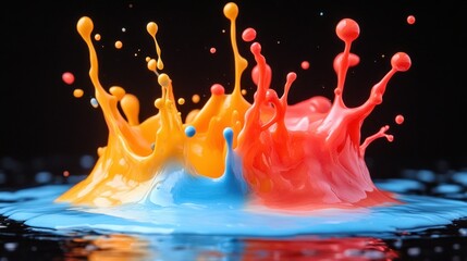 Poster - vibrant paint splashes collide on black background - abstract art concept