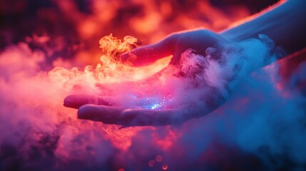 Poster - Hand Cradling Colorful Ethereal Smoke in Dreamlike Background
