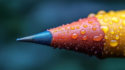 Poster - Close-Up of a Water-Droplet Covered Pencil with Blurred Green Background