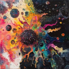 Leinwandbilder - Vivid representation of a virus undergoing transformation and mutation in a vibrant cosmic landscape. Generative AI
