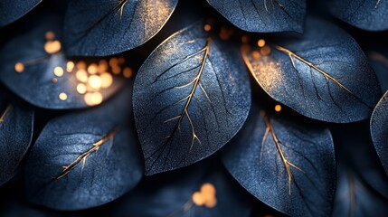 Poster - Close-Up of Metallic Leaves with Glowing Accents in a Dark Setting