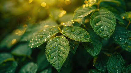 Wall Mural - Beautiful large drop morning dew in nature, selective focus. Drops of clean transparent water on leaves. Sun glare in drop