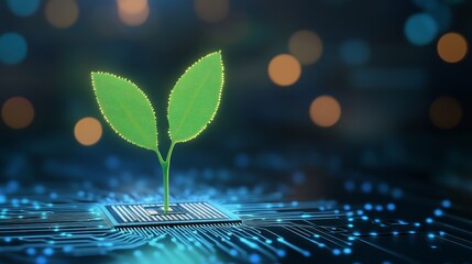 Wall Mural - green energy technology: a digital plant growing from a microchip circuit board