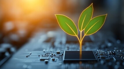 Wall Mural - sustainable technology: green plant growing on microchip circuit board
